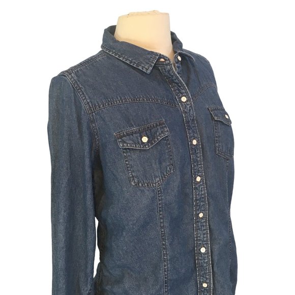 Bit & Bridle Womens Blue Chambray Button Front Fitted Shirt, Long Sleeves, Top L - Picture 3 of 8